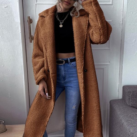 Camel wide collar teddy button trench Coat Jacket Fall - Picture 7 of 10